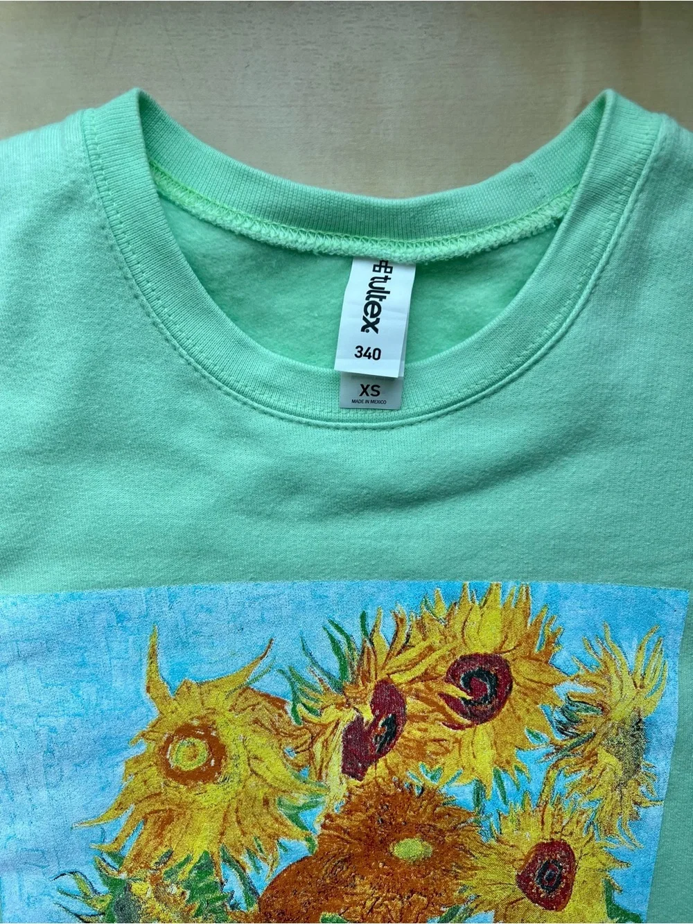 Artsy Mint Green Crewneck Sweatshirt with Van Gogh Sunflowers Print - Picture 3 of 8